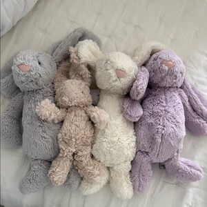 Jellycat Plush Bunny Bundle in Gray, Cream, and Purple and mini bunny in tan